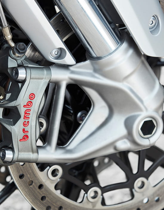 Close up shot of the Brembo Stylema calipers equipped on the new Triumph Rocket 3 models